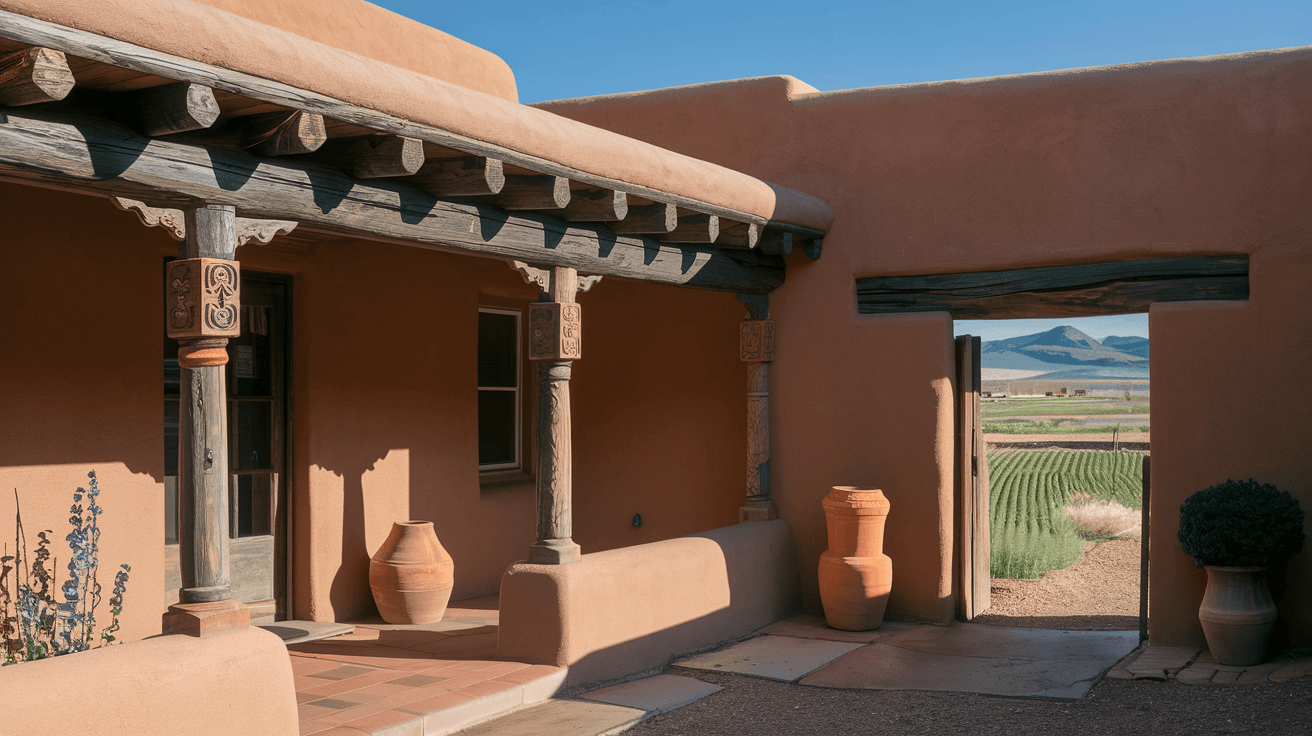 The walled courtyard of a traditional North Valley Albuquerque adobe home featuring a portal with carved wooden columns, terracotta pots, and a view through an arched gate toward irrigated fields