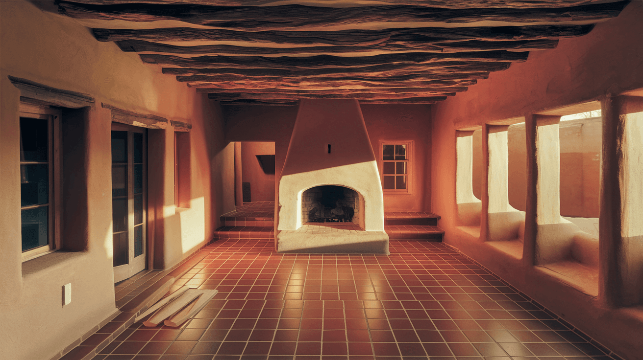 The interior of a restored New Mexico adobe home in the North Valley, featuring original exposed viga ceiling beams, terracotta tile floors, and a traditional kiva fireplace with warm afternoon light coming through deep-set windows