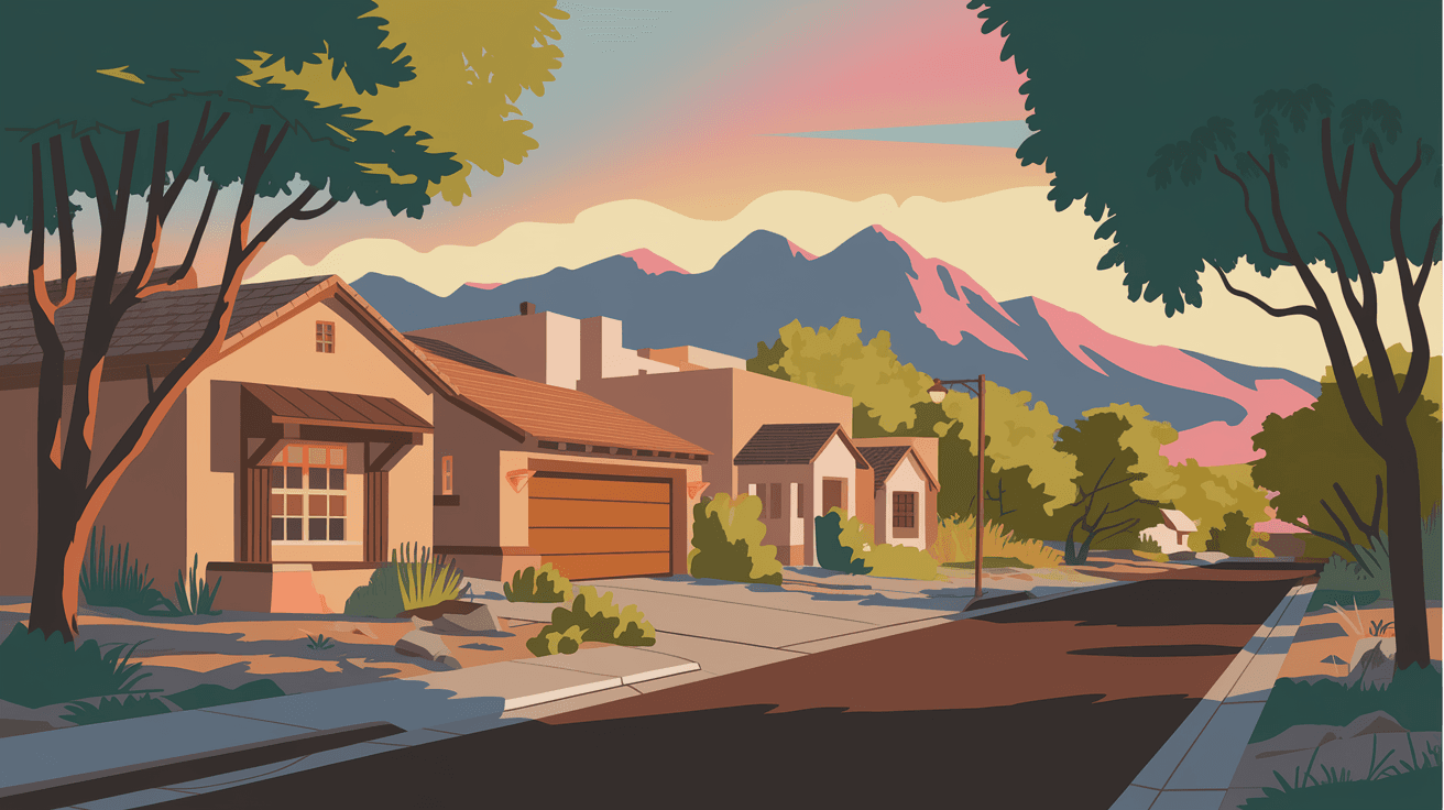 Quiet tree-lined residential street in Northeast Heights Albuquerque at golden hour, adobe and stucco homes with desert landscaping, the Sandia Mountains glowing pink in the background