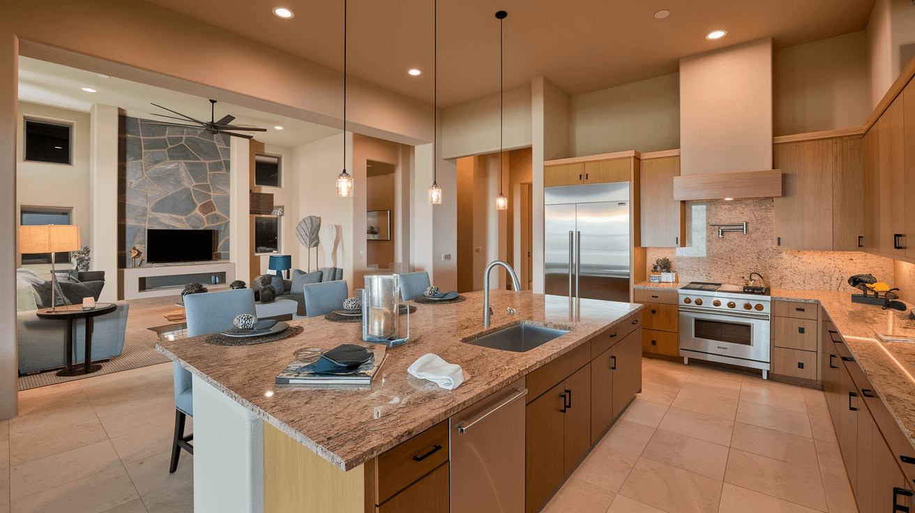 The interior of a modern Rio Rancho home under $400K showing an open-concept kitchen and living area with warm lighting, granite countertops, and desert-toned finishes