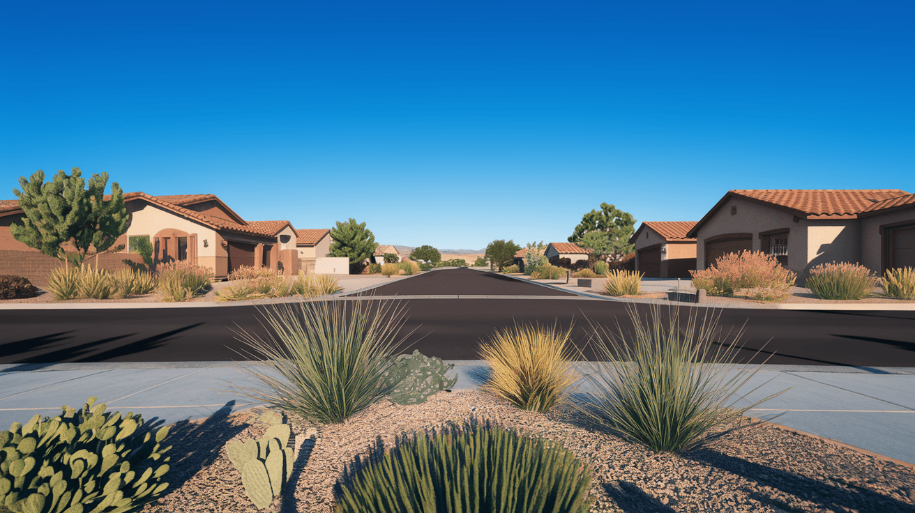A well-maintained Rio Rancho neighborhood street lined with xeriscaped front yards, single-story homes with tile roofs, and a clear blue New Mexico sky overhead