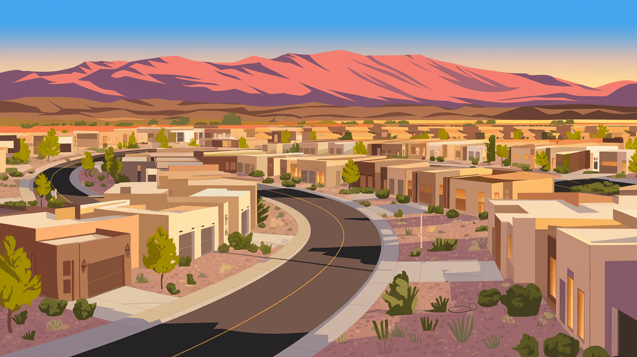 Aerial view of a Rio Rancho master-planned neighborhood at golden hour, showing curved streets, desert landscaping, and the Sandia Mountains glowing pink in the background