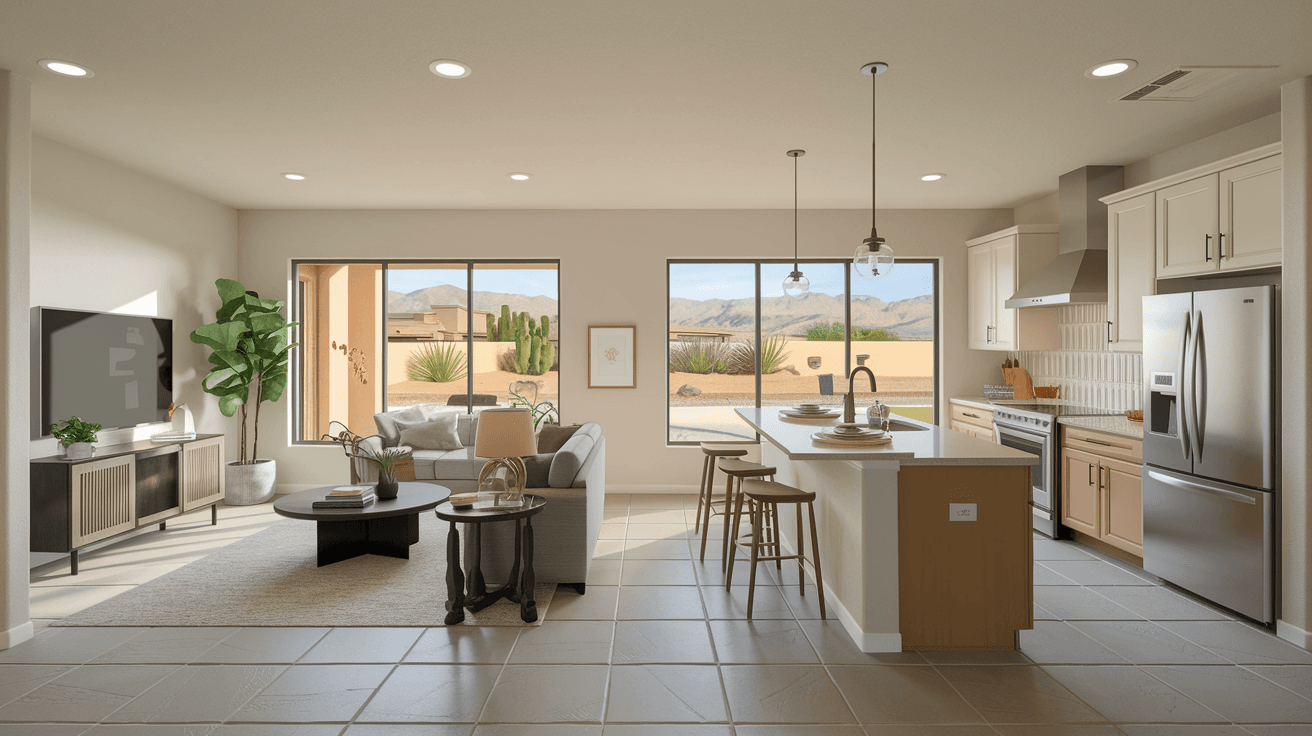 The interior of a bright, open-concept living room and kitchen in a newer Rio Rancho home, with neutral desert tones, tile floors, stainless appliances, and large windows showing a desert landscape backyard