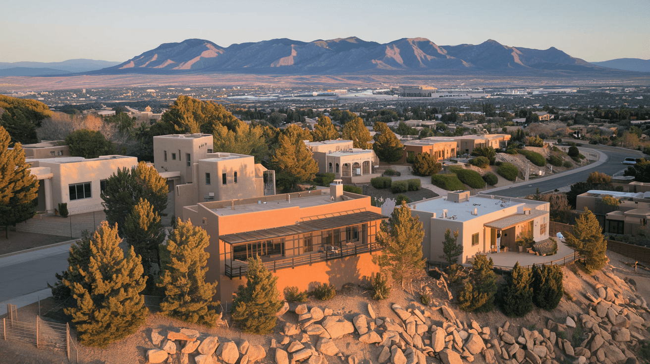 Aerial view looking east over Sandia Heights homes nestled into the rocky foothills, with the Sandia Mountains rising sharply behind them and Albuquerque's city grid visible in the distance below