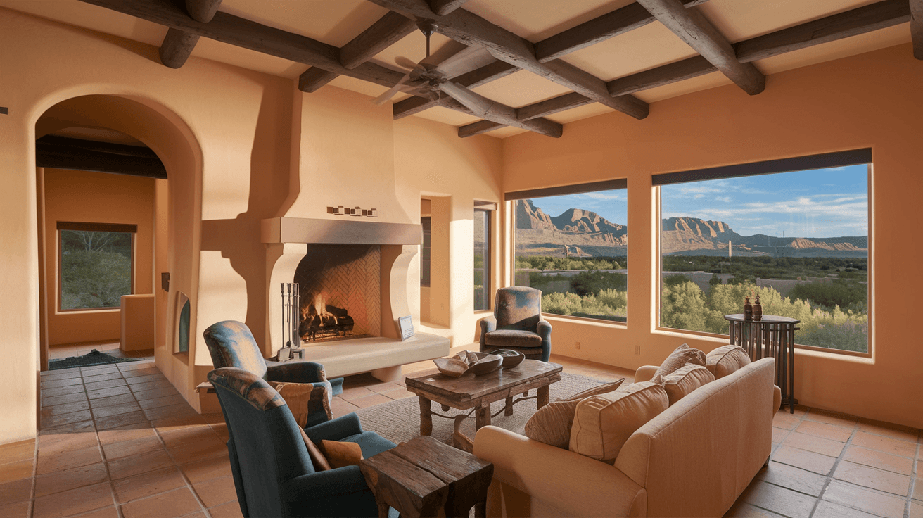 Interior of a Sandia Heights custom home with vaulted ceilings, a traditional kiva fireplace, exposed vigas, and large windows framing a dramatic view of the Sandia Mountains