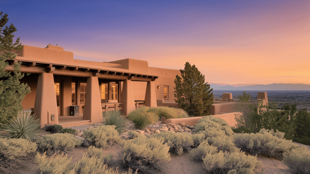 A custom adobe home in Sandia Heights with a covered portal, native desert landscaping of chamisa and juniper, and panoramic views of the Rio Grande Valley glowing at sunset