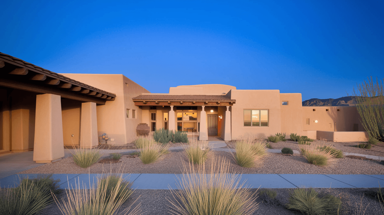 A spacious Sandia Heights home exterior with a covered portale, xeriscaped front yard with native grasses and desert willows, and the Sandia Mountains visible directly behind the roofline under a deep blue New Mexico sky
