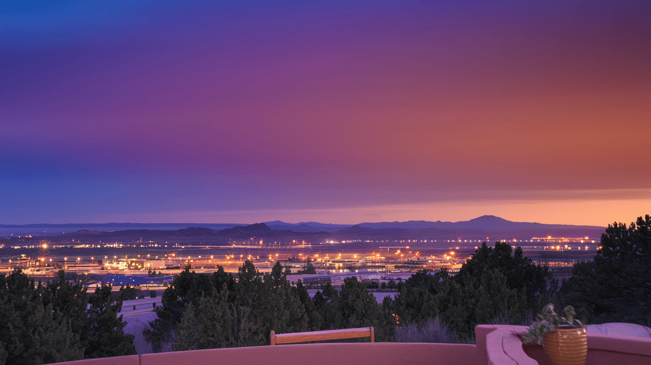 A wide-angle view from a Sandia Heights backyard patio at dusk, looking west over the twinkling lights of Albuquerque spreading across the Rio Grande valley, with the volcanic escarpment visible in the distance and a deep purple and orange sky overhead