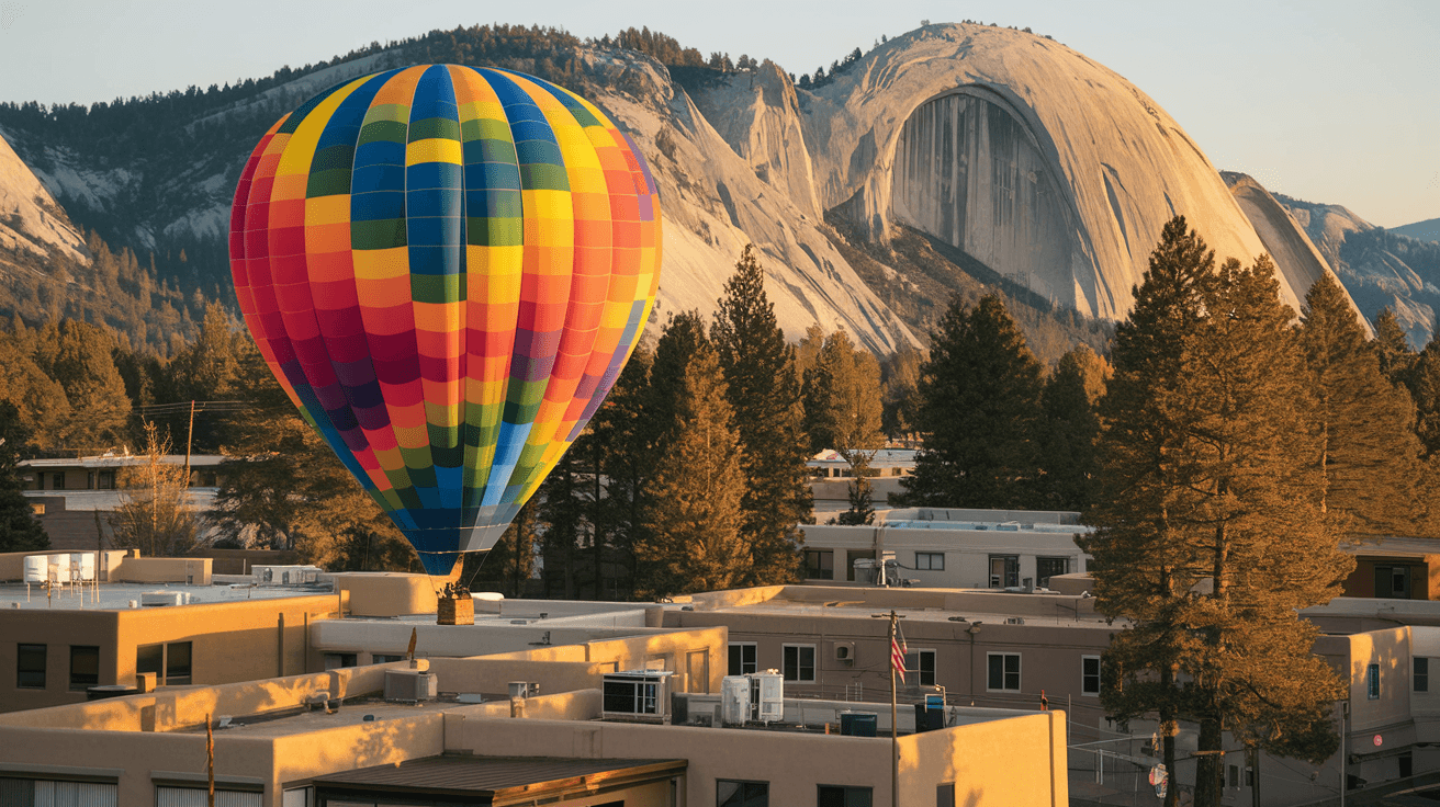 A hot air balloon drifting at close range over the rooftops and pinon trees of Sandia Heights with the granite face of the Sandia Mountains directly behind it in early morning light