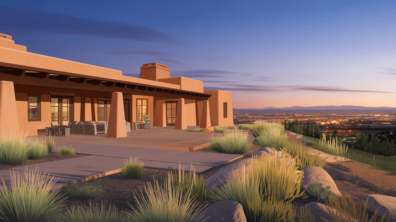 A wide territorial-style custom home in Sandia Heights with a large patio, xeriscape landscaping, and sweeping views of the Albuquerque city lights beginning to glow at dusk