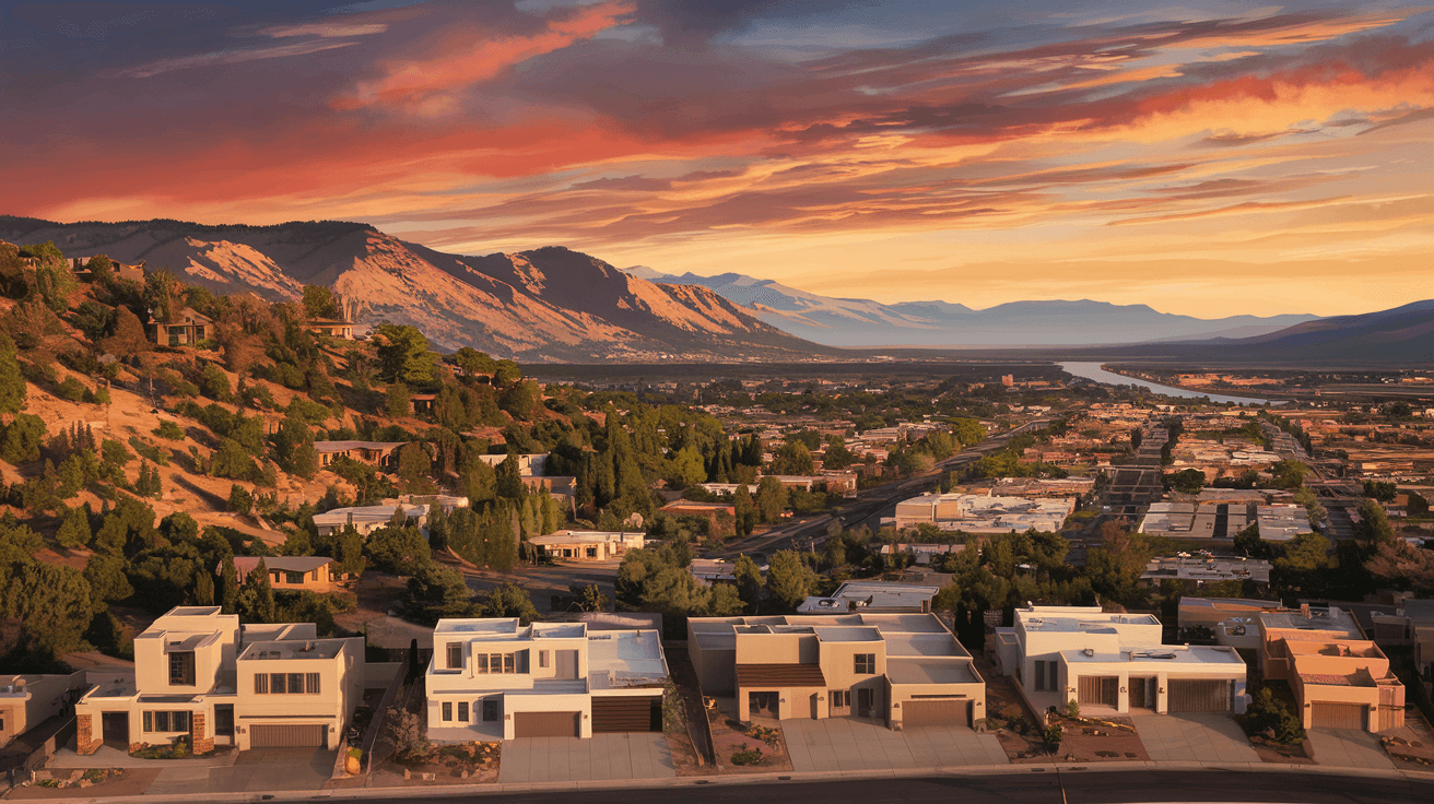 Aerial view of custom homes in Sandia Heights with the Sandia Mountains rising behind them and the Albuquerque city grid stretching toward the Rio Grande in the background at golden hour
