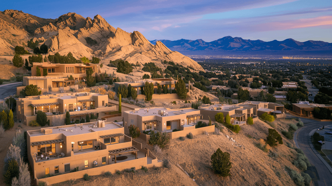 Aerial view of Sandia Heights neighborhood at golden hour, showing custom adobe homes on hillside lots with the Sandia Mountains rising behind them and city lights beginning to glow in the Rio Grande valley below