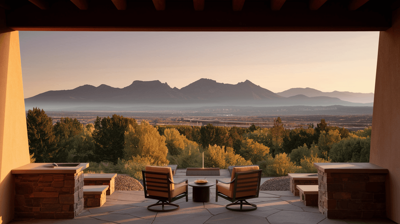 Wide-angle view from a Sandia Heights custom home's back patio looking west over Albuquerque, the Rio Grande, and the West Mesa volcanoes at golden hour