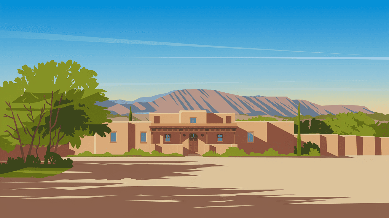 A working acequia running alongside a residential property in the South Valley, with mature cottonwood trees and a traditional adobe wall in the background