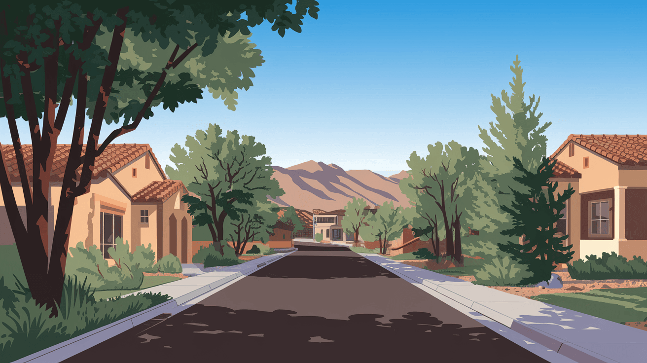 Tree-lined interior street inside Tanoan's gated community with territorial-style custom homes, mature landscaping, and the Sandia Mountains visible at the end of the street