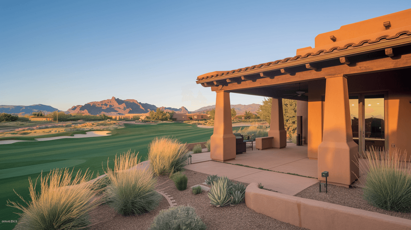 Spacious backyard patio of a territorial-style Tanoan home overlooking the golf course fairway with mountain views, a covered portal, and desert landscaping in warm afternoon light