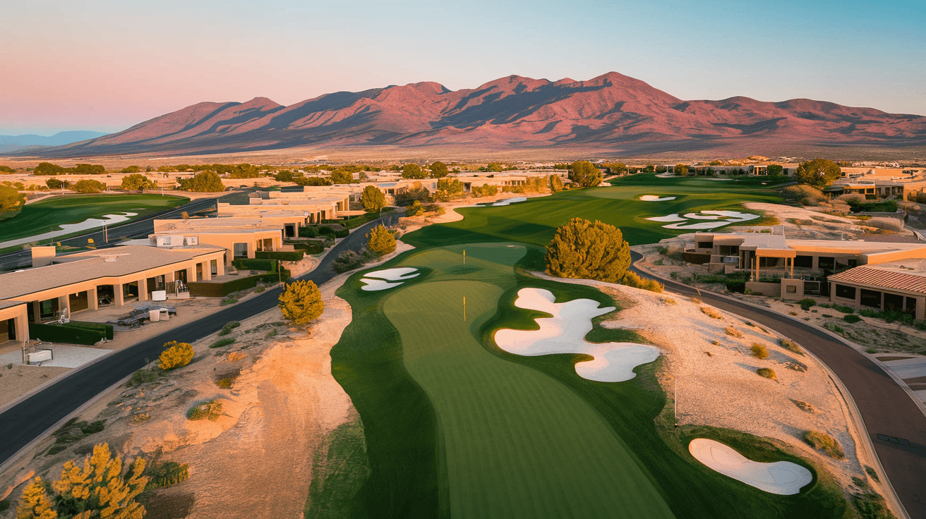 Aerial view of Tanoan Country Club golf course fairways at golden hour with the Sandia Mountains glowing pink in the background and custom homes lining the fairway edges