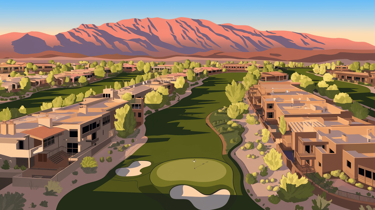 Aerial view of Tanoan Country Club golf course at golden hour with the Sandia Mountains glowing pink in the background and luxury homes lining the fairways