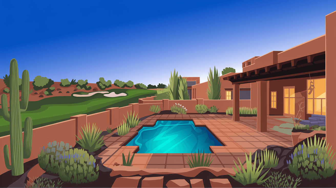 Close-up of a luxury Tanoan home's covered back patio with desert landscaping, a pool, and a golf course fairway visible beyond the property wall under a brilliant New Mexico blue sky