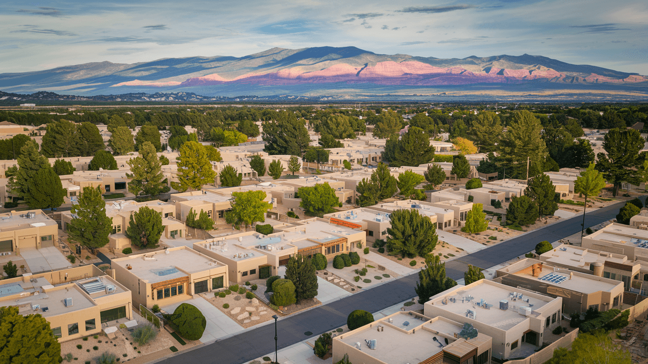 Aerial view of Taylor Ranch neighborhood in Albuquerque with stucco homes, mature trees, and the Sandia Mountains visible in the background under a wide New Mexico sky