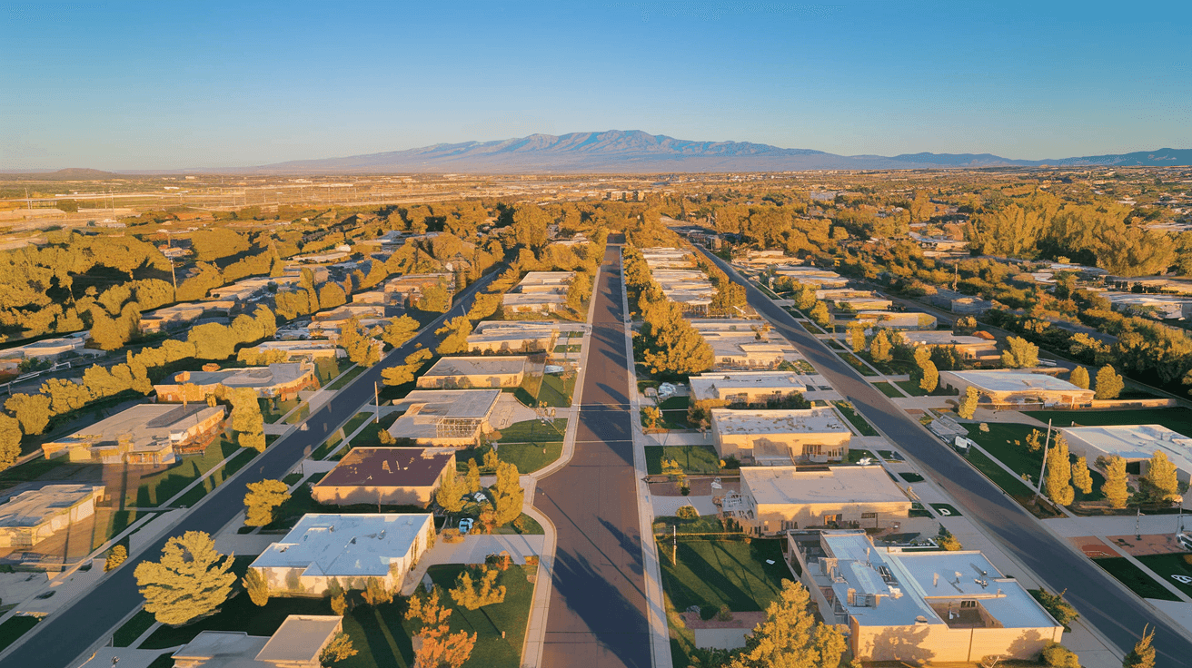 Aerial view of Taylor Ranch neighborhood in Albuquerque with wide residential streets, mature trees, and the Sandia Mountains visible on the eastern horizon under a clear blue sky
