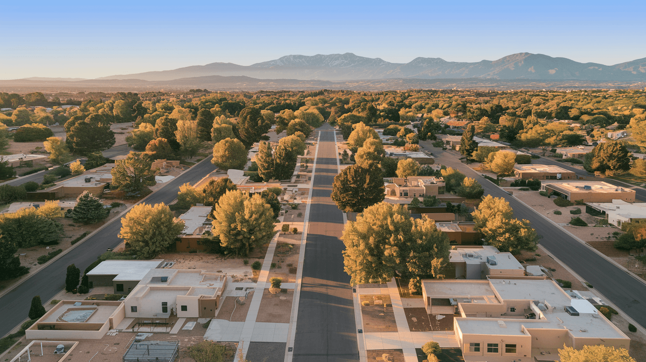 Aerial view of Taylor Ranch neighborhood streets lined with mature trees and single-family homes, Sandia Mountains visible in the background under a clear New Mexico sky