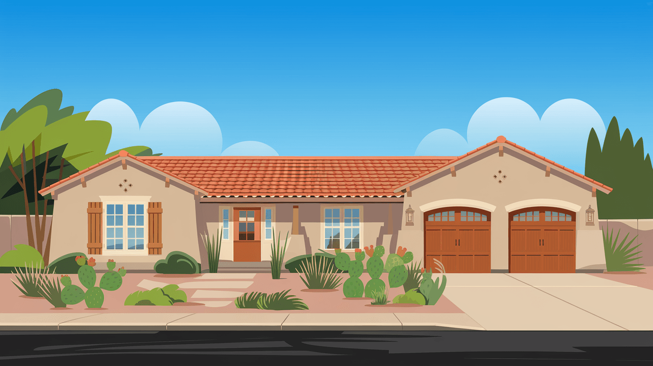 A well-maintained Taylor Ranch home exterior with Southwest-style stucco finish, xeriscaped front yard with native plants, and a clear blue New Mexico sky overhead