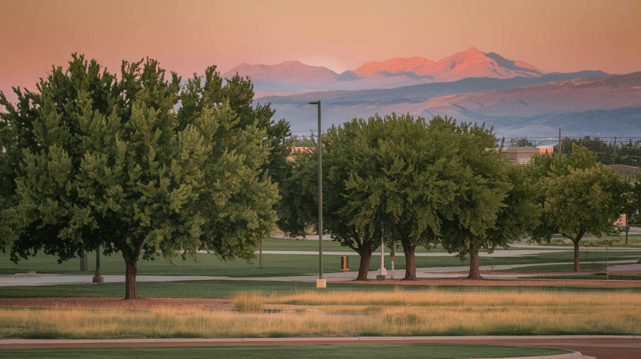 A neighborhood park in Taylor Ranch with open grass fields, mature shade trees, and the Sandia Mountains glowing pink at sunset in the distance