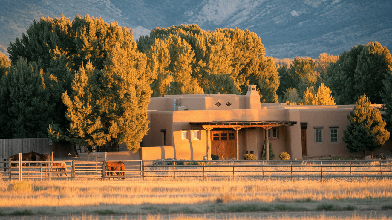 A well-maintained North Valley Albuquerque adobe home with a wooden portal, surrounded by mature cottonwood trees and irrigated pasture in the foreground, with horses visible near a wooden fence in late afternoon light