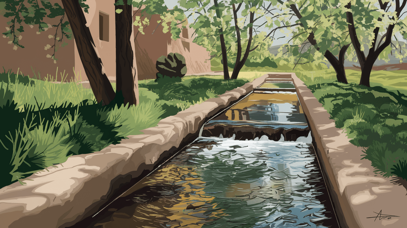 A traditional New Mexico acequia running through a lush green North Valley property in late spring, with cottonwood trees lining the water channel and an adobe wall visible in the background