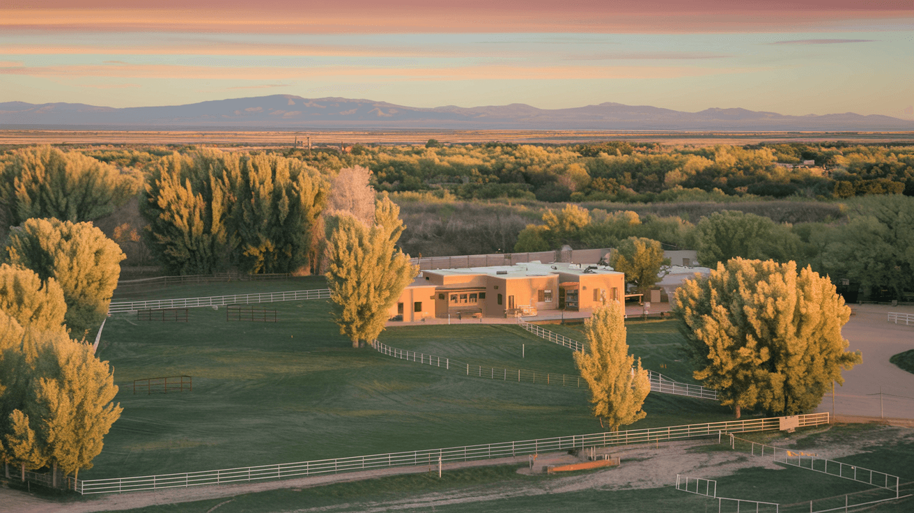 Aerial view of a North Valley Albuquerque horse property at golden hour, showing irrigated pasture, cottonwood trees, an adobe home, and the Rio Grande bosque in the background with the Sandia Mountains visible on the horizon