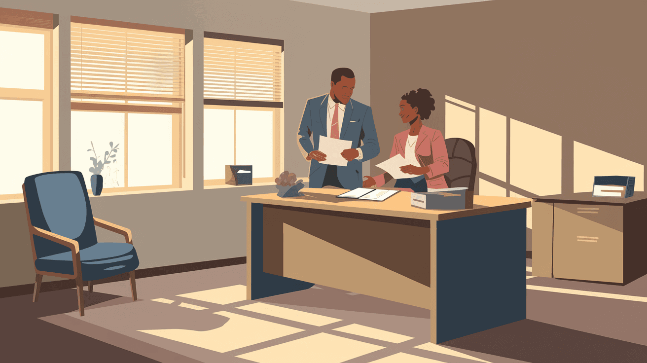 A mortgage lender and homebuyer reviewing loan documents at a clean modern desk inside an Albuquerque office with warm afternoon light coming through the window