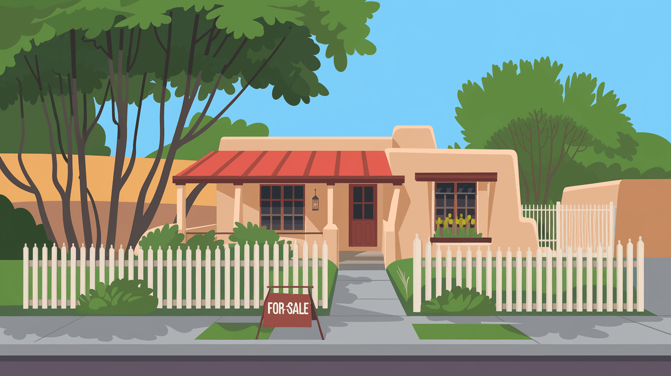 A charming adobe-style resale home in Albuquerque's North Valley with mature cottonwood trees and a for-sale sign in the front yard under a bright blue New Mexico sky