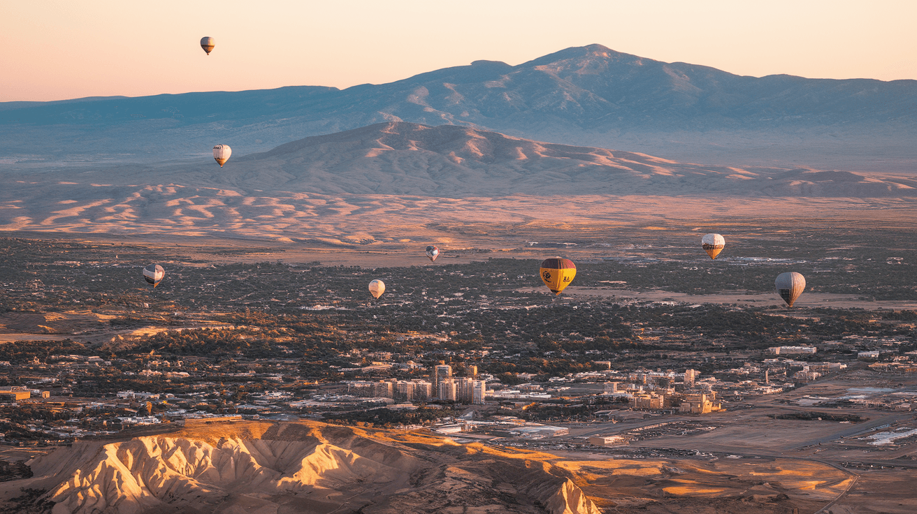 Panoramic view of Albuquerque with hot air balloons and the Sandia Mountains