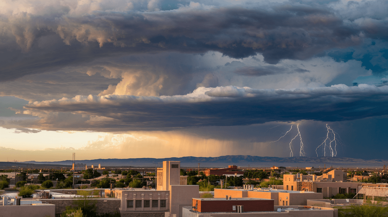 Dramatic monsoon thunderstorm over Albuquerque at sunset