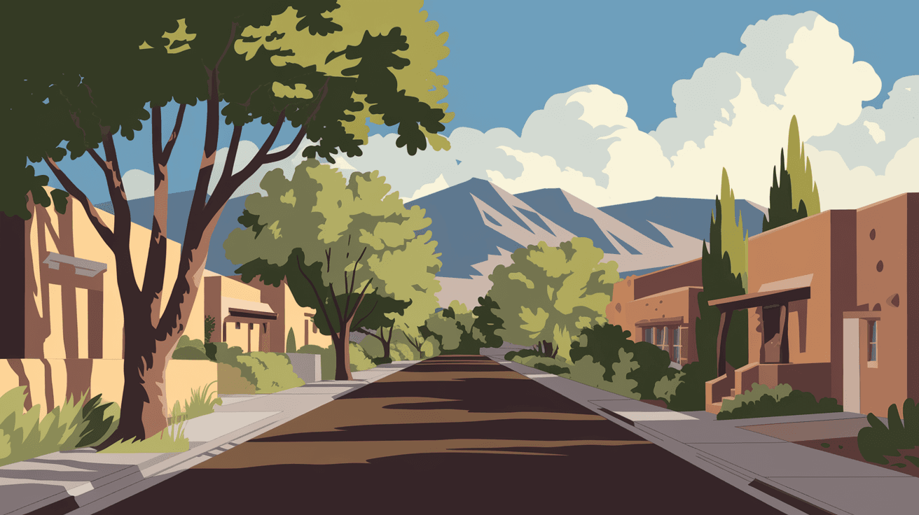 A sunny Albuquerque neighborhood street lined with mature cottonwood trees and adobe-style homes, with the Sandia Mountains visible in the distance