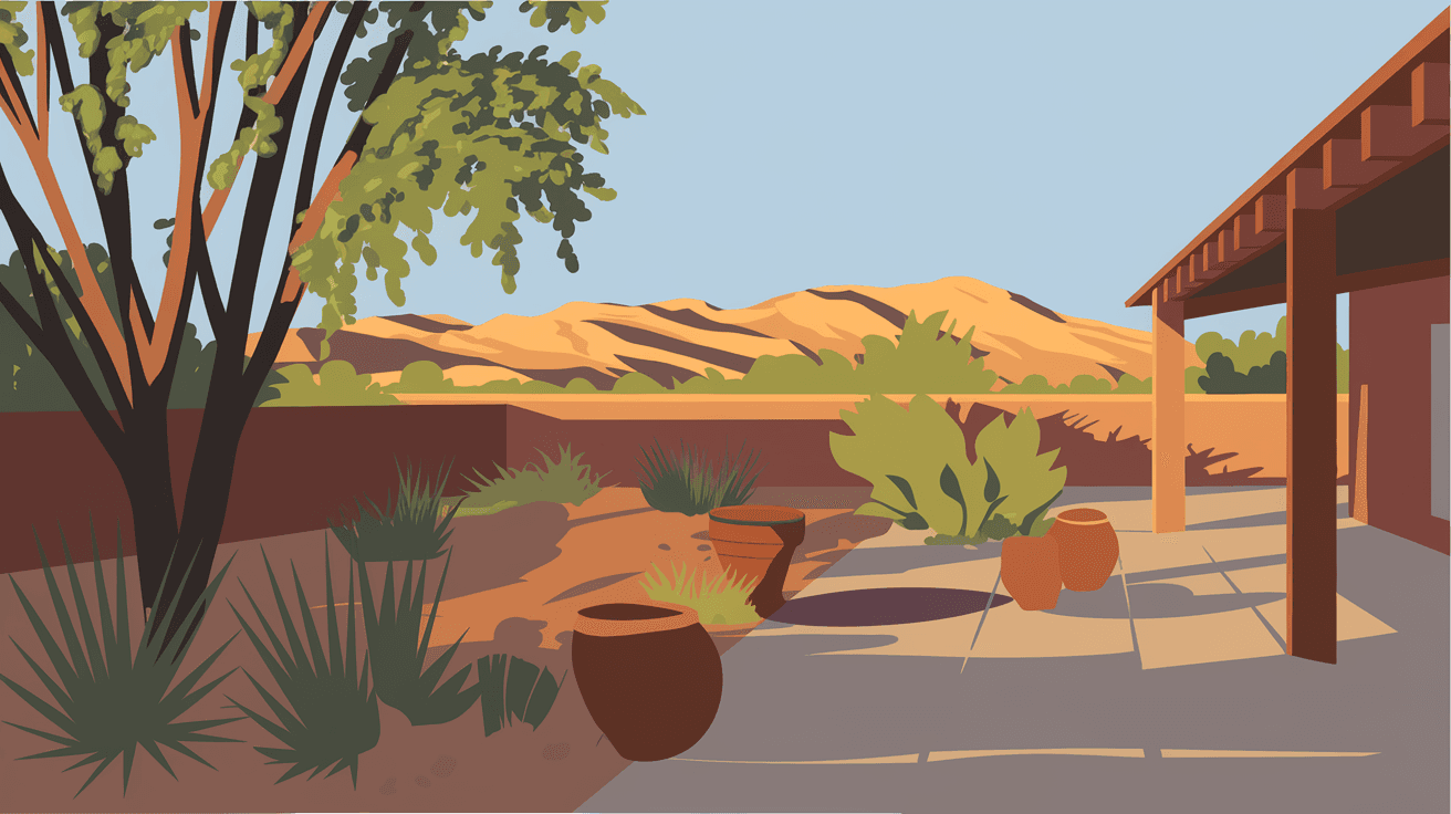 Golden afternoon light falling across the Sandia Mountains viewed from a quiet Northeast Heights backyard patio, with a mature cottonwood tree and desert landscaping in the foreground