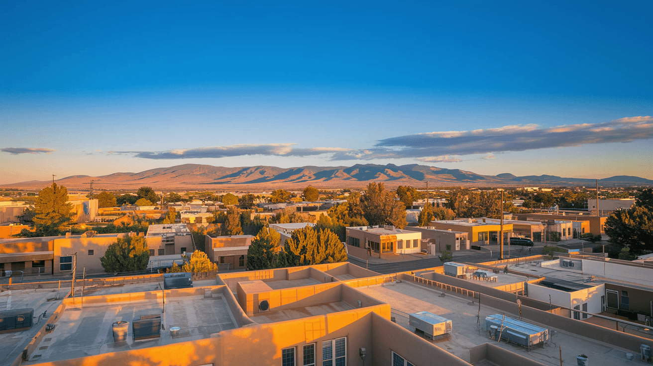 Wide aerial view of Albuquerque's residential neighborhoods spreading toward the Sandia Mountains at golden hour, adobe rooftops visible, clear blue sky overhead