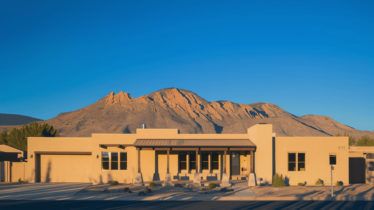 A custom stucco home in Albuquerque's High Desert neighborhood with the Sandia Mountains rising sharply behind it under a deep blue New Mexico sky