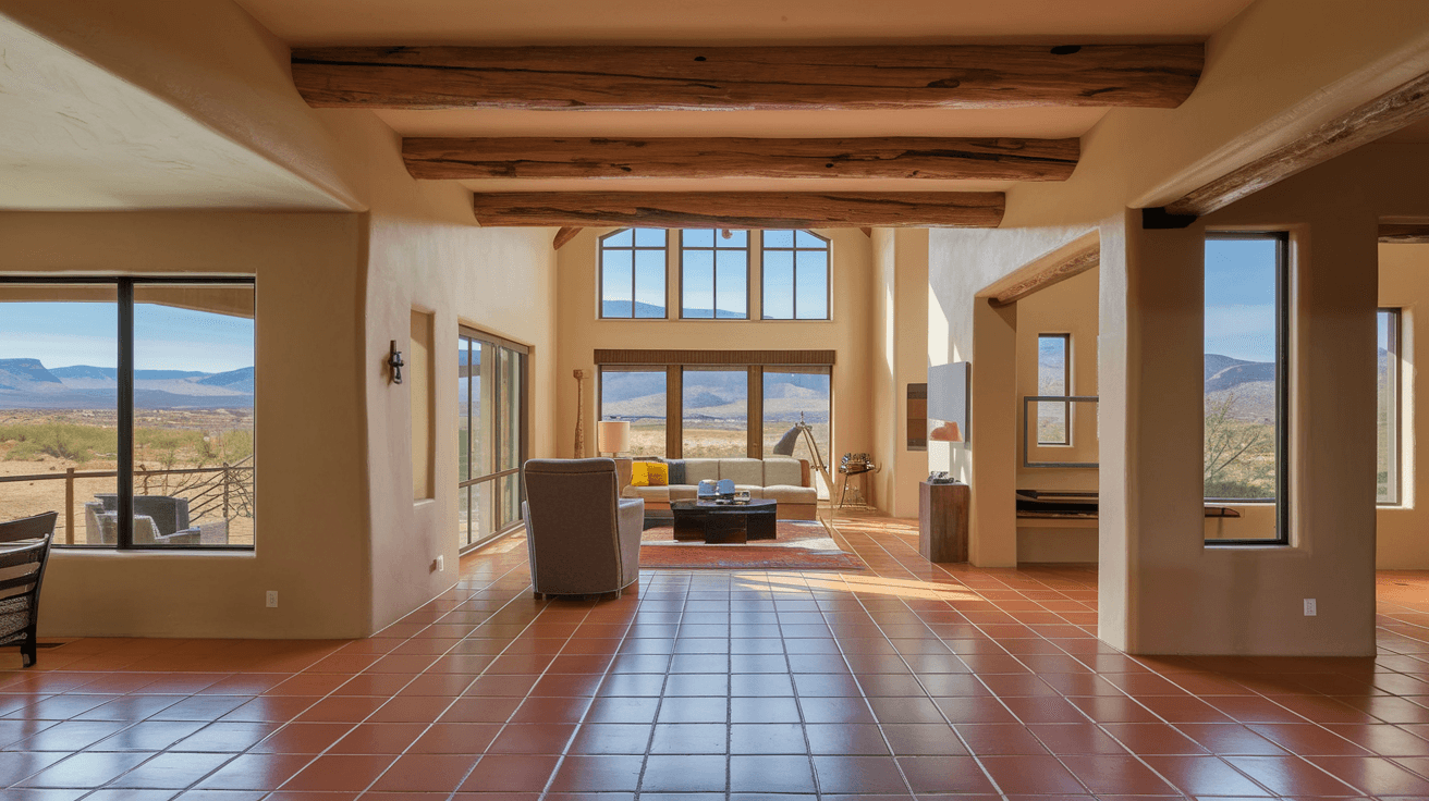 A spacious High Desert home interior with large windows framing views of the Sandia Mountains, featuring warm terracotta tile floors, exposed wooden vigas, and natural light filling an open living area