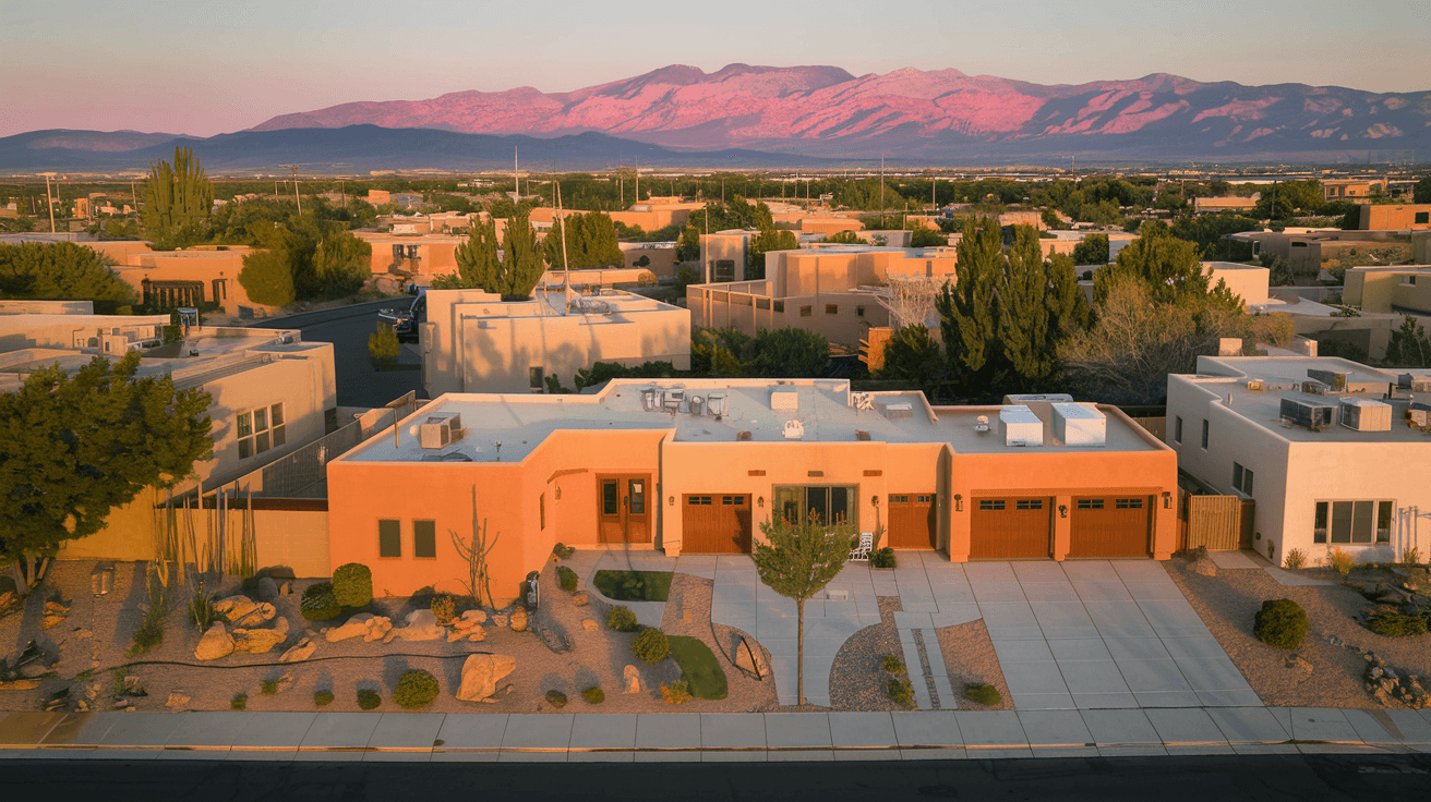 Aerial view of a well-maintained Albuquerque neighborhood with adobe-style homes, lush desert landscaping, and the Sandia Mountains glowing pink at sunset in the background