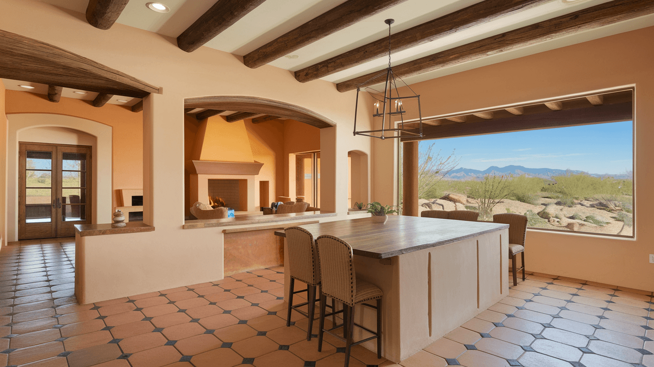 A spacious Albuquerque kitchen interior with Saltillo tile floors, kiva fireplace in the adjacent living room, and large windows framing a view of desert landscaping and distant mountains
