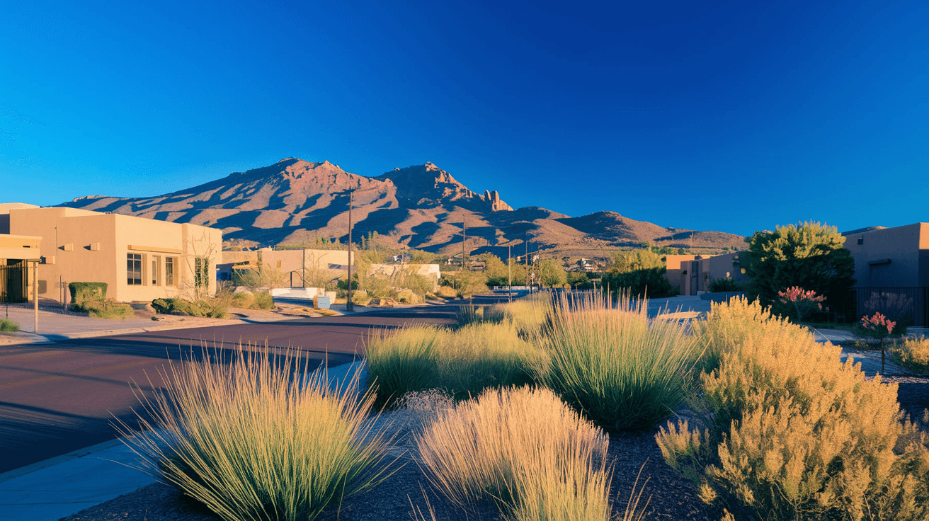 A wide-angle view of the Sandia Mountains from a residential street in the Northeast Heights, with desert landscaping in the foreground and a clear blue sky above