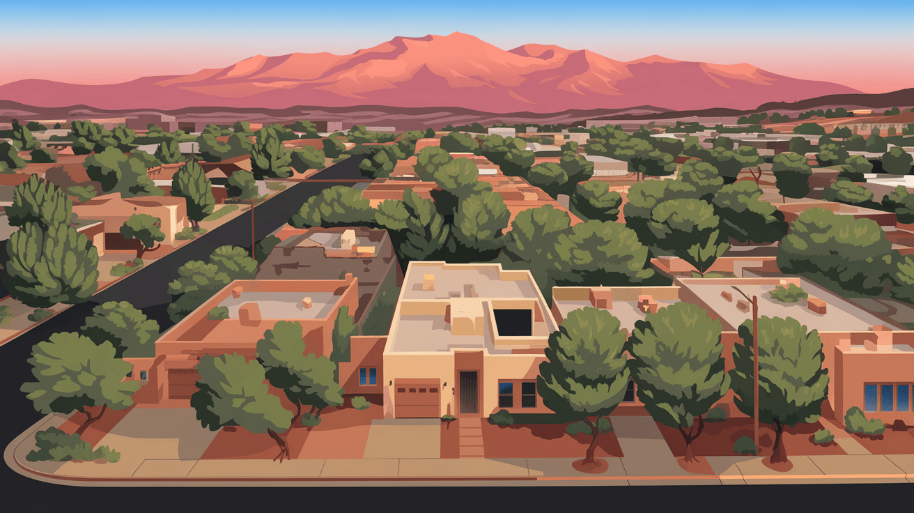 Aerial view of an Albuquerque residential neighborhood in the Northeast Heights with the Sandia Mountains glowing pink at sunset in the background, adobe-style homes and mature trees lining quiet streets