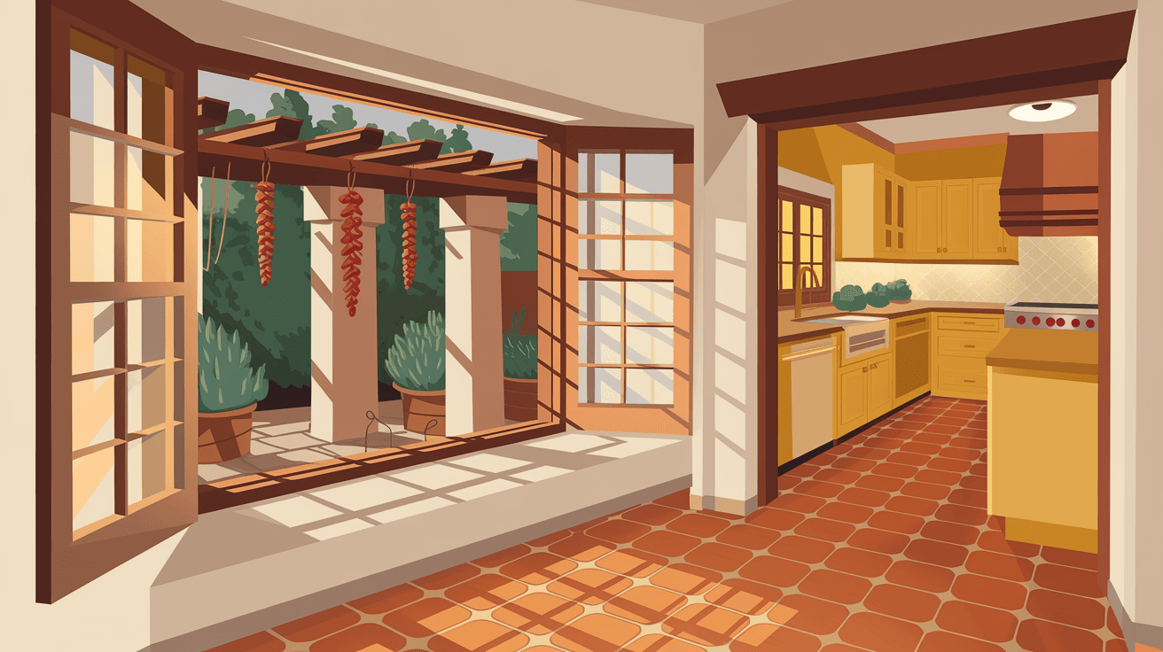 A bright, updated kitchen inside an Albuquerque home with Saltillo tile floors, a view through the window to a private backyard with a portal and hanging red chile ristras, warm afternoon light