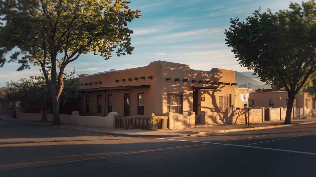 Aerial view of a classic Albuquerque duplex on a tree-lined street near Central Avenue, with the Sandia Mountains visible in the background under a wide blue New Mexico sky