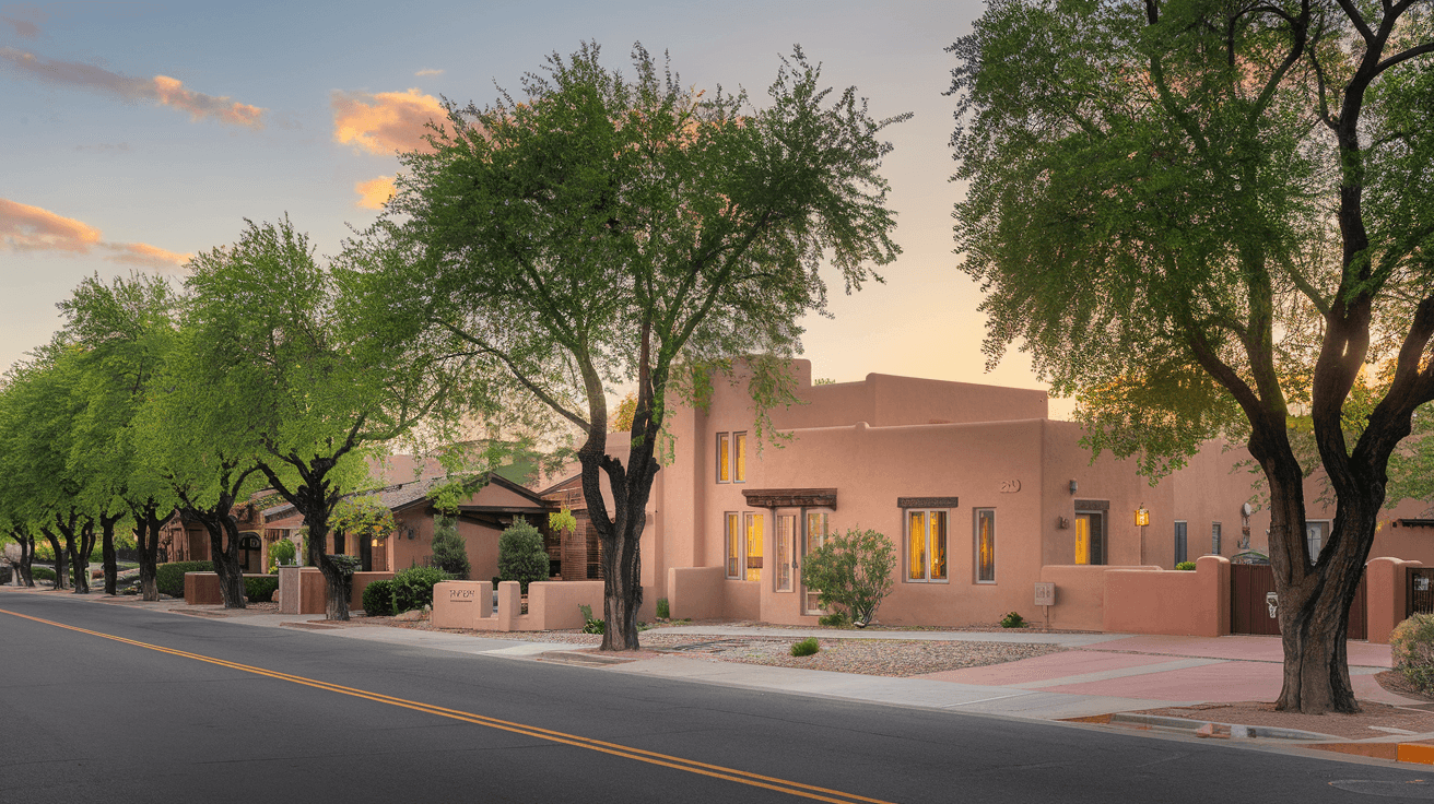 A well-maintained fourplex property on a tree-lined street in Albuquerque's Northeast Heights, late afternoon golden hour light, mature cottonwood trees, traditional southwestern architectural details