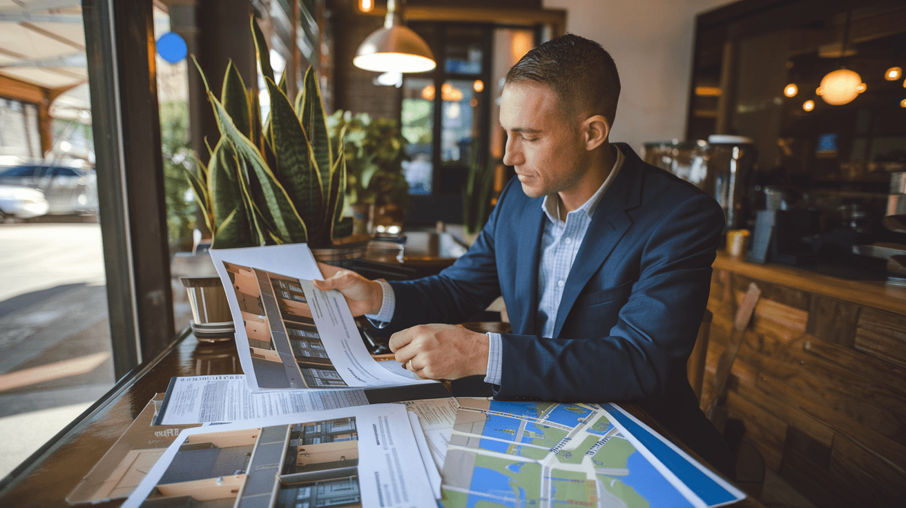 A real estate investor reviewing property documents at a coffee shop table in Nob Hill, Albuquerque, with a duplex listing printout and neighborhood map visible, warm natural light
