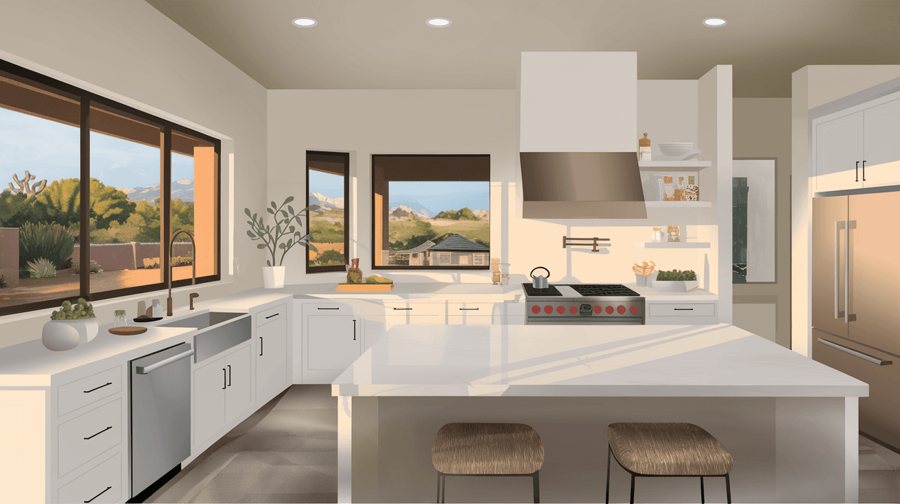 A bright, modern new construction kitchen interior with white quartz countertops, stainless steel appliances, and large windows overlooking a desert-landscaped backyard in a Rio Rancho home
