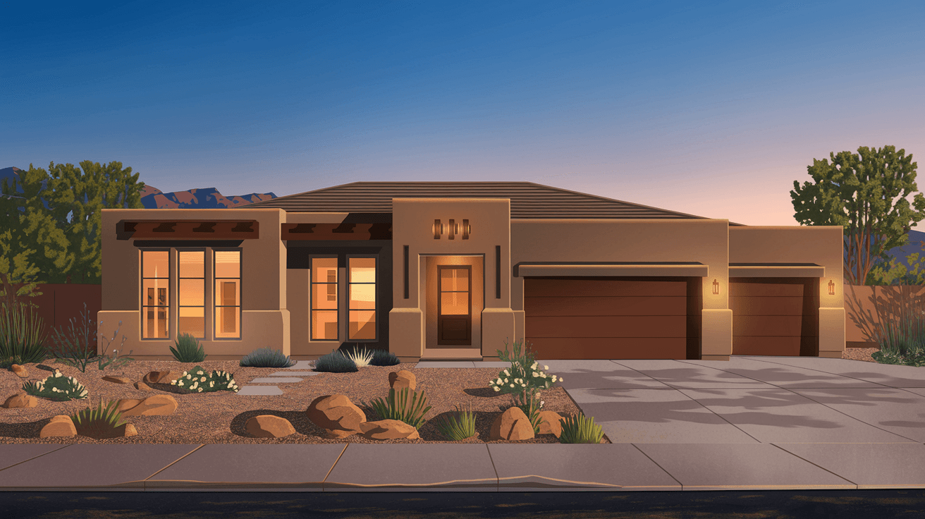 A new construction home exterior in Rio Rancho at dusk, single-story with a three-car garage, desert-friendly front landscaping with gravel and native plants, warm interior lights glowing through large windows